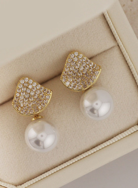 法式优雅轻奢珍珠耳环锆石耳坠设计感时尚几何气质纯银耳饰女新款