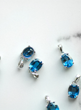 纯银镶嵌伦敦蓝托帕石刻面吊坠