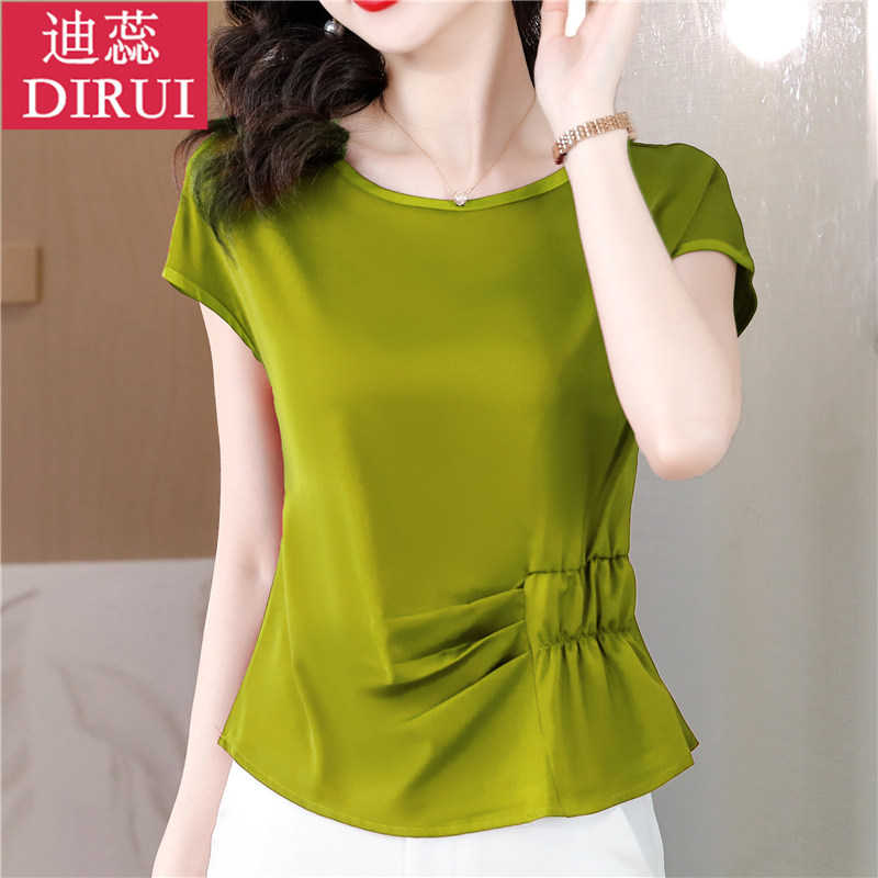 2023夏装新款气质短袖收腰雪纺衫 迪蕊蕾丝衫/雪纺衫