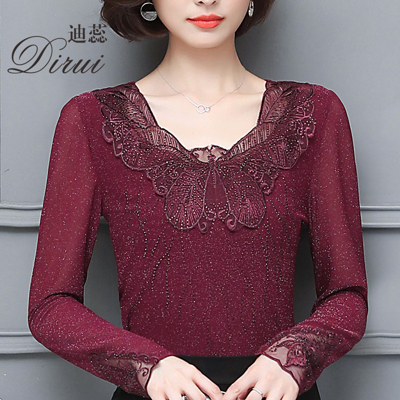 蕾丝长袖大码t恤2020早春秋打底衫 迪蕊蕾丝衫/雪纺衫