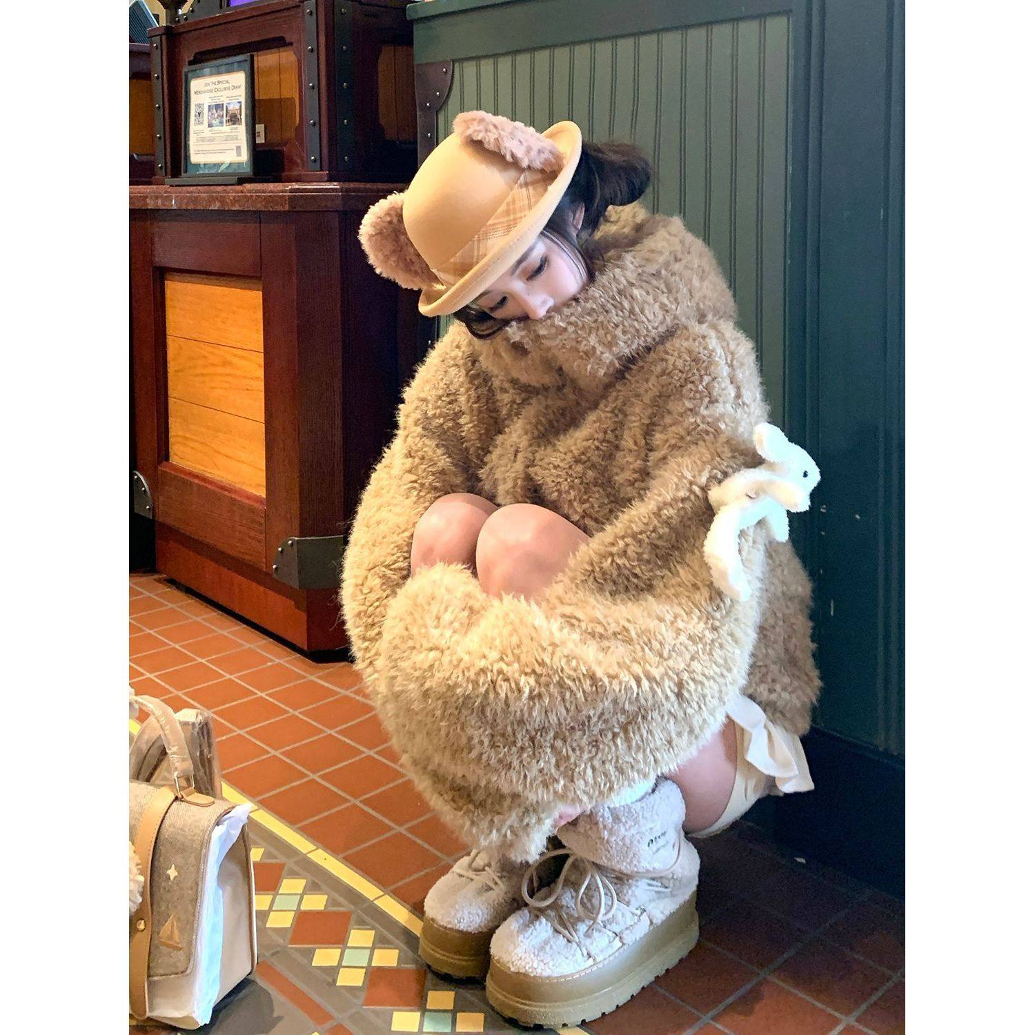 肉桂棉花糖  宽松休闲慵懒风兔子连帽保暖大衣毛呢外套冬季新款,淘宝优惠券,粉丝福利购,淘宝优惠卷