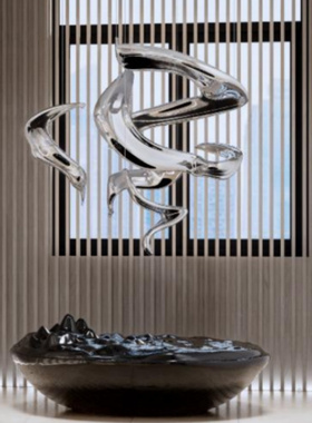 软装水滴海浪银色鱼吊饰雕塑玻璃钢酒店大堂客厅波浪天花吊顶装置