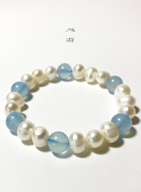 创意天然淡水珍珠海蓝宝手链女设计款圆珠手串男多宝轻奢小众饰品