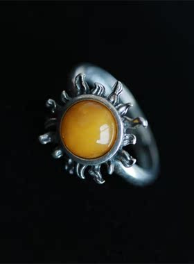 925银镶嵌天然蜜蜡活口戒指