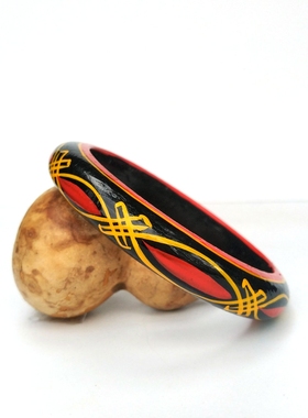 凉山彝族手镯漆器木头手环手工原木彩绘实木镯子送布袋送朋友礼物