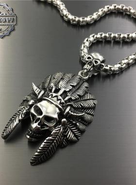 2025欧美复古印第安人钛钢吊坠项链个性霸气男士潮流时尚朋克配饰
