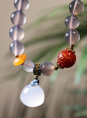 2025福利款天然烟紫玛瑙手链女吊玉髓莲蓬手串串珠复古民族风手饰