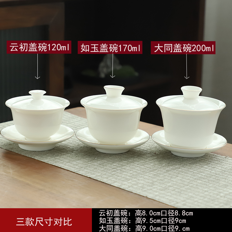 羊脂玉三才盖碗可悬停泡茶茶碗茶杯单个陶瓷功夫茶具白瓷盖子悬浮-图2