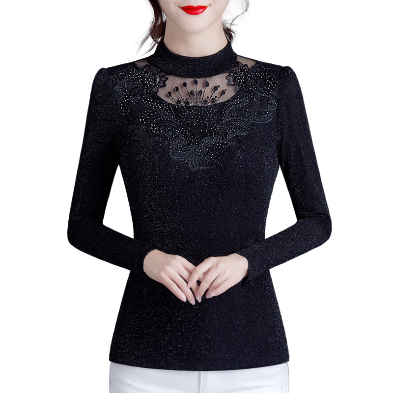 修身小衫2021秋冬新款加绒网纱t恤 欣韵芬蕾丝衫/雪纺衫