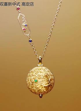 吊坠女双凤圆球古法金工艺项链