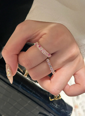 超闪！高级感粉色锆石戒指女满钻