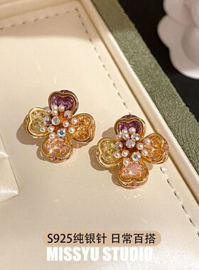 耳钉电镀小众18锆石甜彩纯银S925