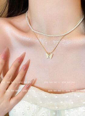 戴女链时尚蝴蝶choker流苏小众叠饰品锁骨高级感珍珠项链复古