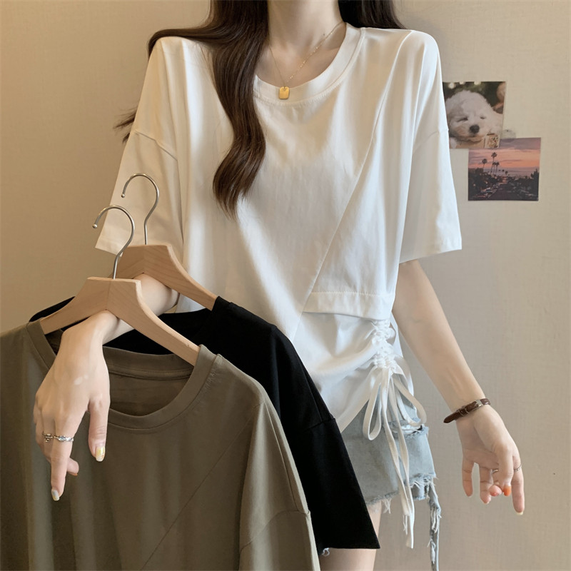 大码胖MM夏季不规则抽绳短袖T恤女百搭遮肉显瘦设计感宽松上衣潮,淘宝优惠券,粉丝福利购,淘宝优惠卷