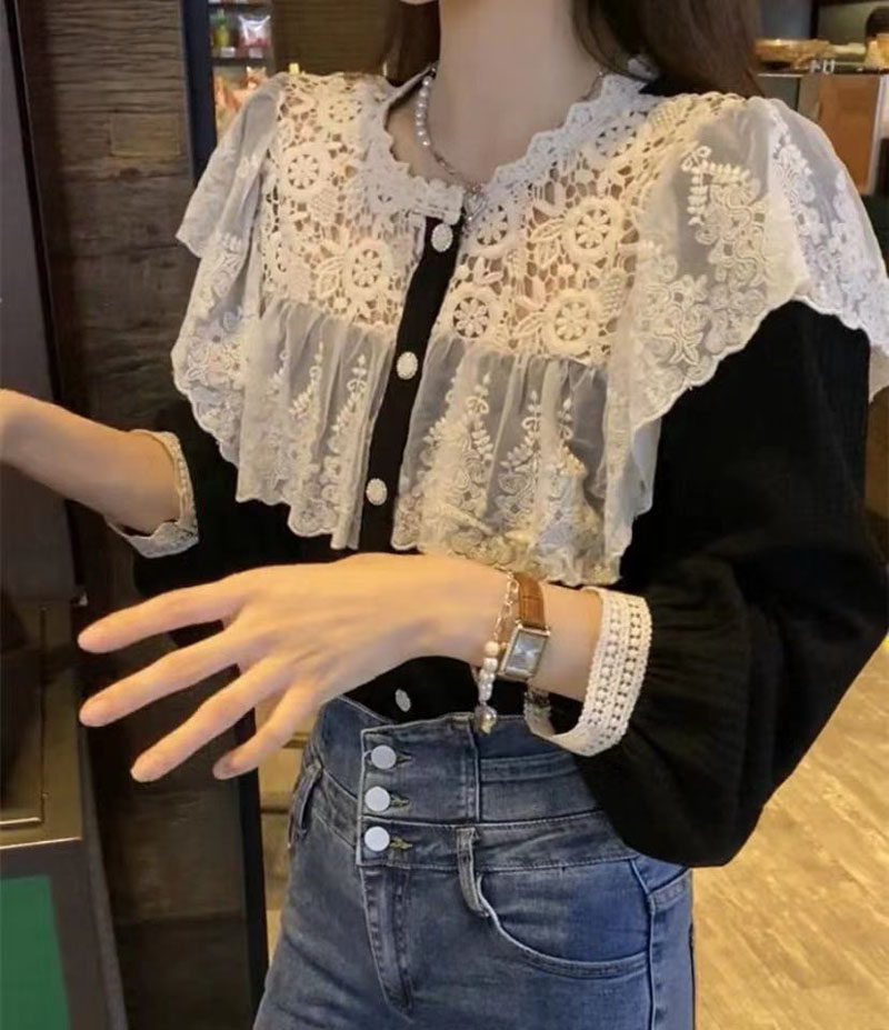 韩系风格穿搭百搭蕾丝花边拼接衬衣 芘魅蕾丝衫/雪纺衫