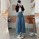 Retro blue slit high waist denim skirt for women summer