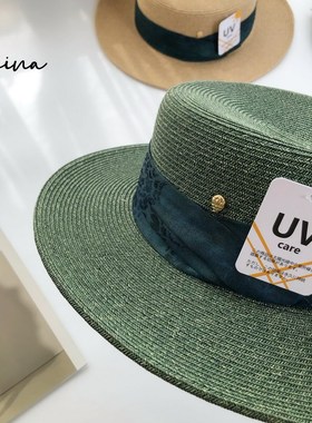 日本复古印花百搭草编遮阳平顶帽
