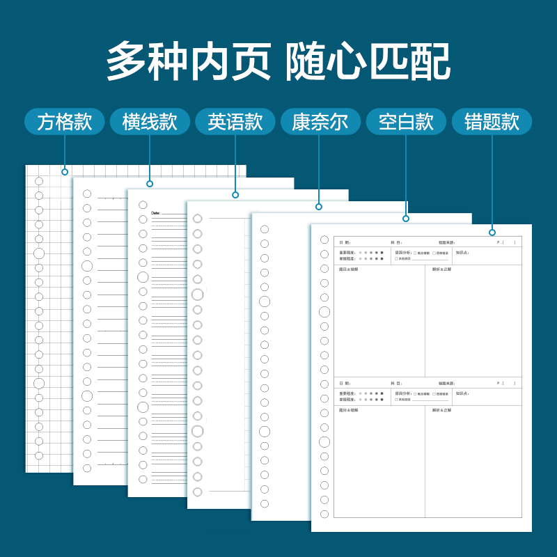 得力活页本替换芯 20孔26孔30孔 B5通用活页纸替芯A4线圈笔记本子可拆卸A5错题空白英语方格康奈尔内芯可换 - 图1