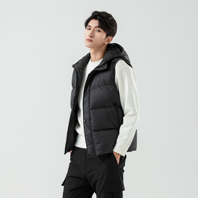 雪中飞2025春秋新款羽绒马甲男黑色连帽抽绳防风简约保暖短款,淘宝优惠券,粉丝福利购,淘宝优惠卷