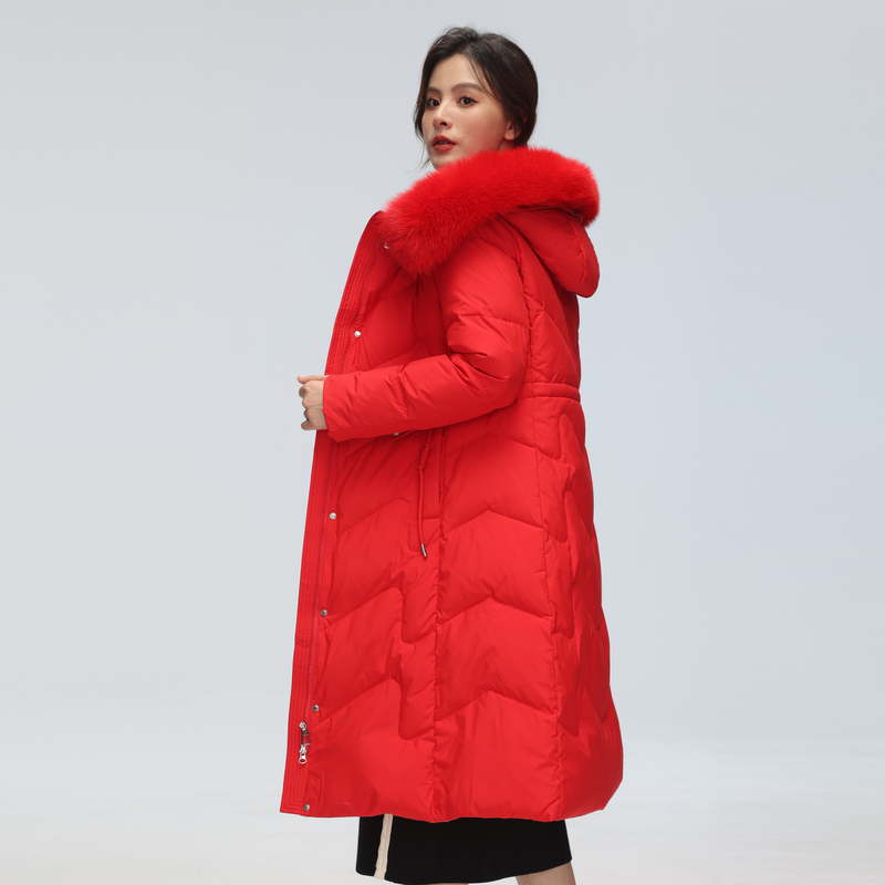 雪中飞秋冬新款女士长款羽绒服狐狸毛保暖文艺气质收腰红色