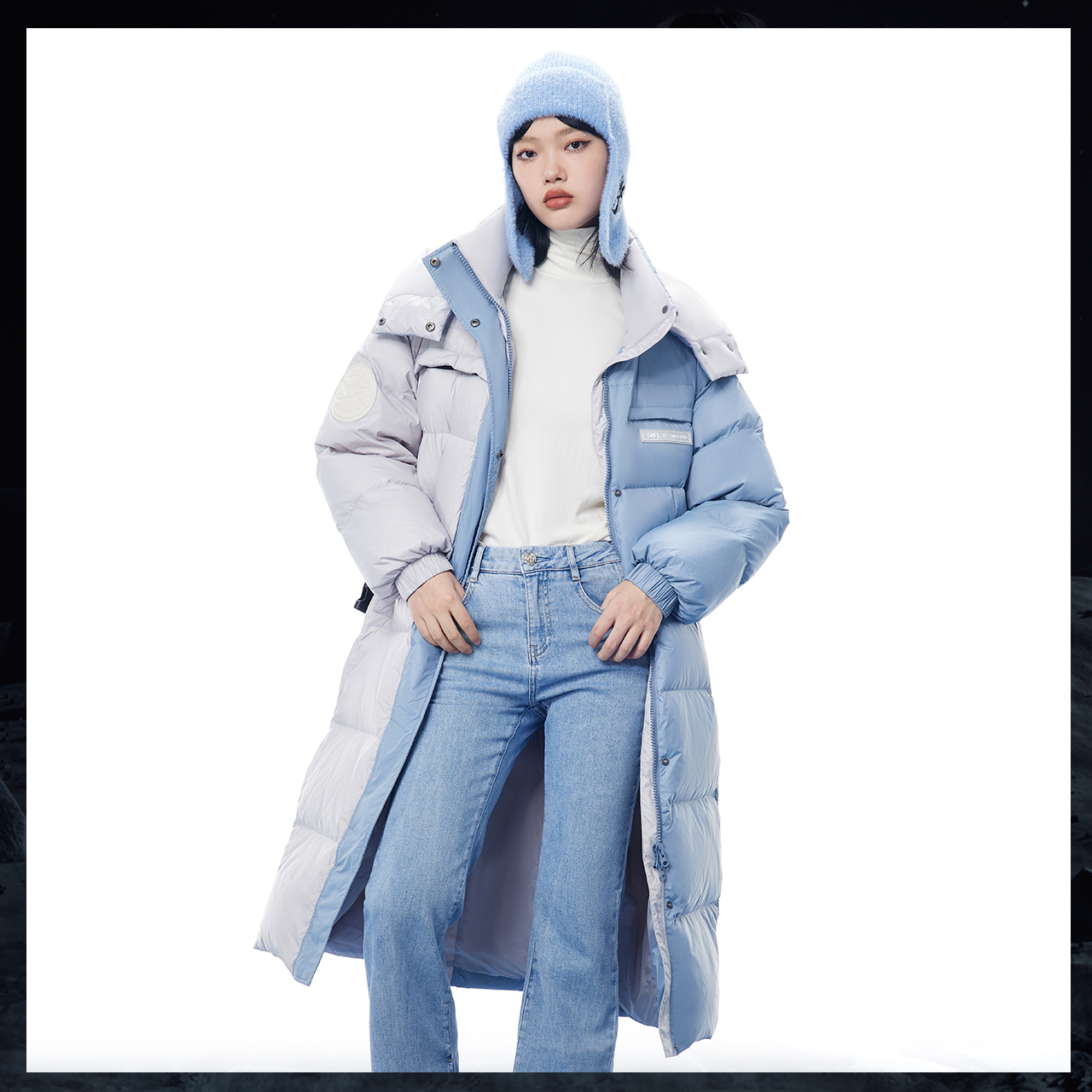 2023秋冬新款帅气撞色长款羽绒服 雪中飞羽绒服