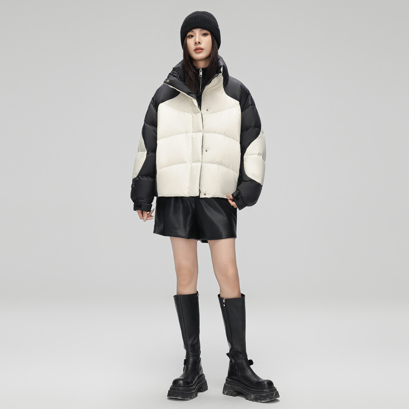 雪中飞2026秋新款女士短款羽绒服韩式时尚拼接撞色简约保暖舒适