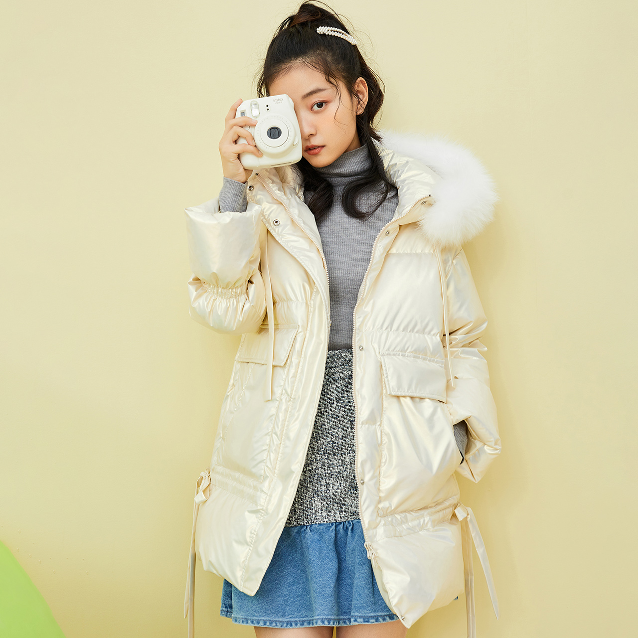 雪中飞 秋冬趣味保暖袖口个姓潮流系带下摆大口袋中长羽绒服女 2020 雪中飞 秋冬趣味保暖袖口个姓潮流系带下摆大口袋中长羽绒服女 2020