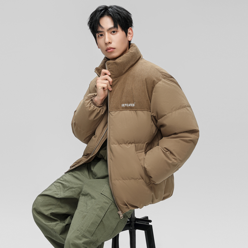 雪中飞2025春秋新款男士短款羽绒服大立领灯芯绒拼接防风保暖休闲