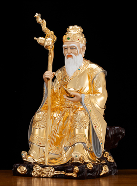 纯铜鎏金土地公土地婆神像摆件