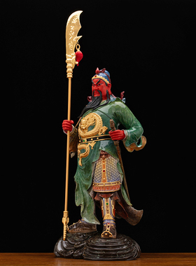 黄铜贴真金武财神关公神像摆件
