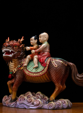 铜彩贴金麒麟送子吉祥摆件家用