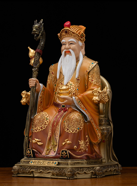 铜彩贴金土地公土地婆神像摆件