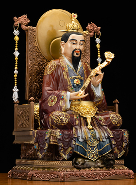 黄铜贴金漆线雕三清祖师神像摆件