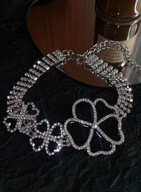 欧美新款黑色滴双排钻大花朵颈链镶嵌水钻轻奢夸张项链耳环套装