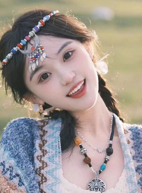 复古藏式民族风手工项链波西米亚毛衣链月亮花彩珠百搭头饰女配饰