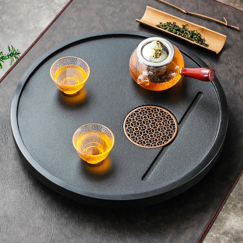 天然整块乌金石小茶盘中式方形圆形排水简约家用石头家用茶海茶台