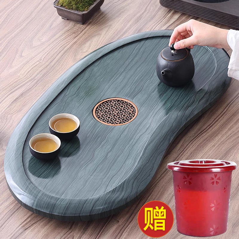 整块天然木纹石茶盘现代圆形中式简约家用办公室茶台乌金石头茶海