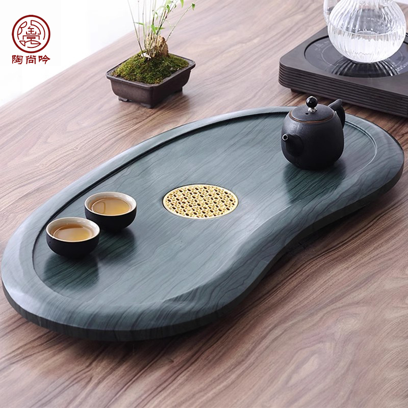 整块天然木纹石茶盘现代圆形中式简约家用办公室茶台乌金石头茶海