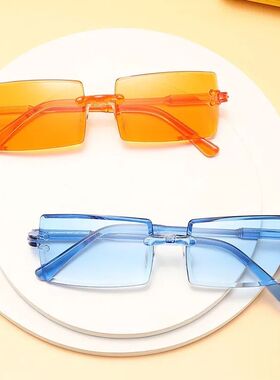 Fashion Rimless Rectangular Sunglasses Candy Color Square Su