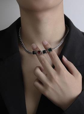 金属男士钛钢项链男款复古宝石水晶多色毛衣链嘻哈学生饰品女