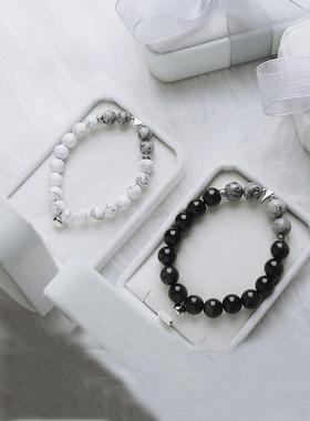 黑曜石白松石搭配925银男女恋爱地图情侣磁力纪念日礼物情侣款