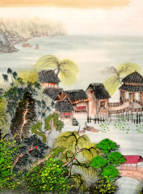 画心手绘客厅向晖四尺斗方清新水寨春景水彩国画山水字画装饰书房