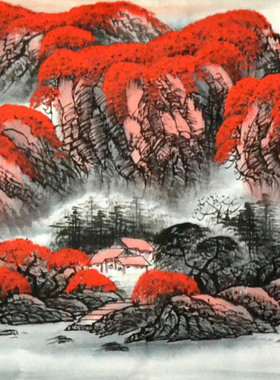 八尺对开春景鸿运当头国画山水画字画青绿客厅装饰无款横幅纯手绘