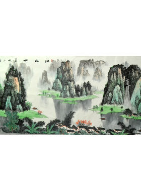 墨海茶楼装饰画心小六尺手绘春景客厅风景横幅桂林山水画国画字画