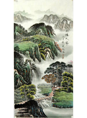 四尺茶楼风景画心客厅国画山水画字画竖幅中堂春景青绿纯手绘装饰