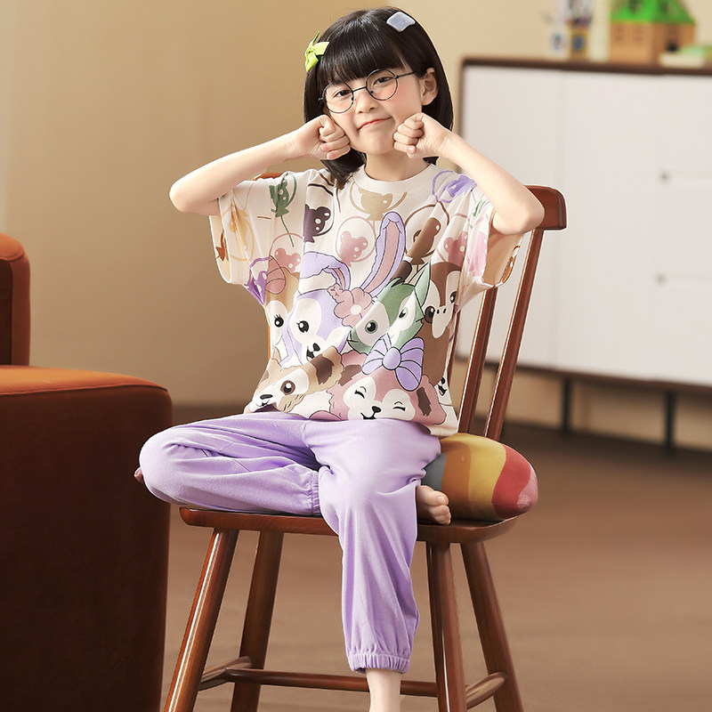 儿童夏季纯棉中大童女短袖长裤睡衣 佰媛琪睡衣/家居服套装