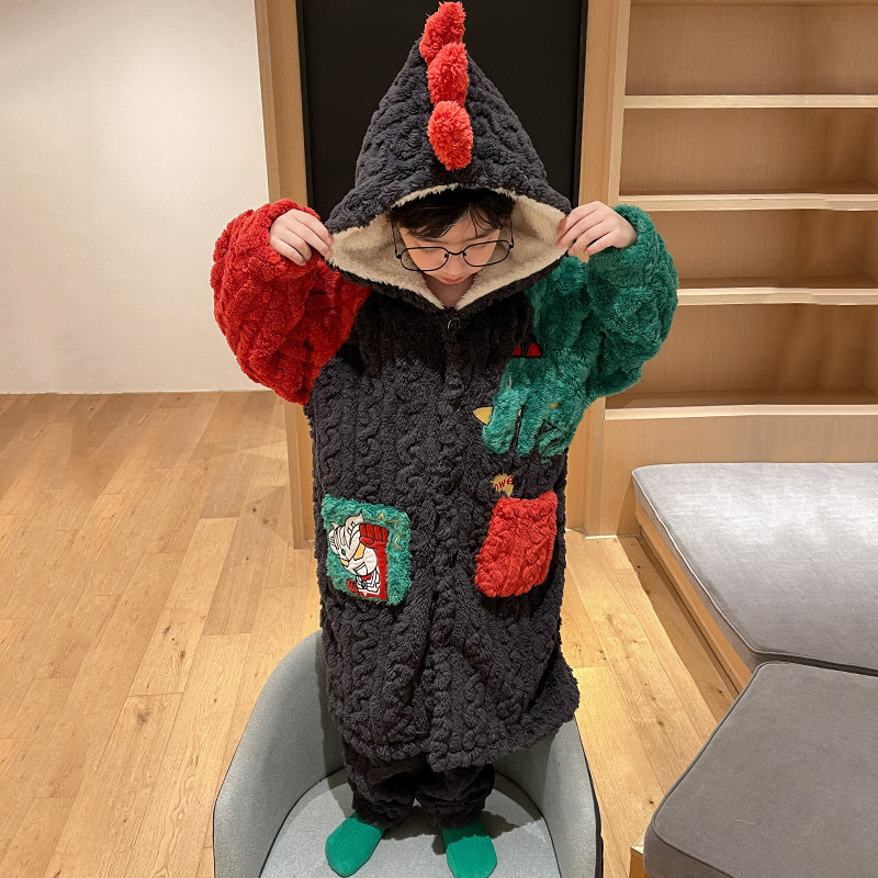 儿童浴袍男童冬季加绒加厚男孩睡袍珊瑚绒中大童恐龙睡衣冬天长袍,淘宝优惠券,粉丝福利购,淘宝优惠卷