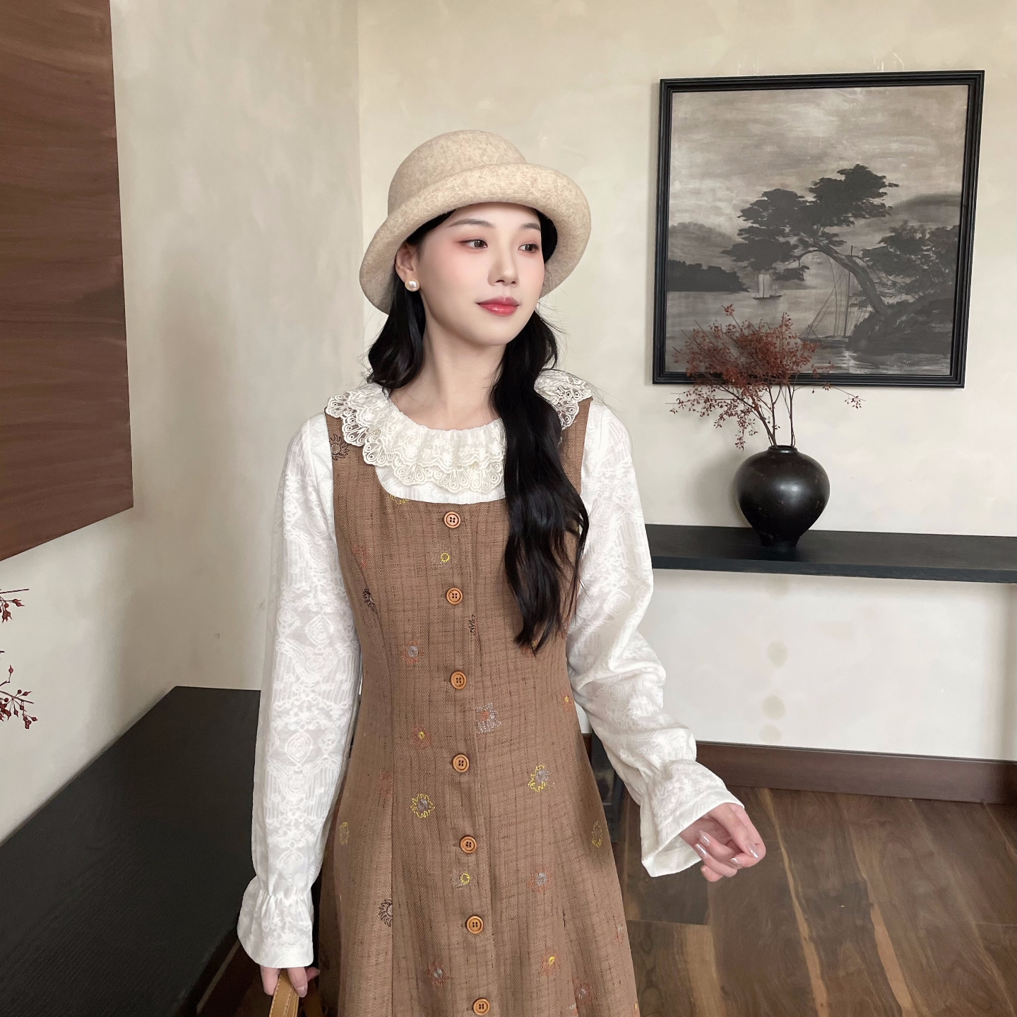 MOBAI默白 复古花边领提花打底上衣秋冬新款内搭蕾丝设计感衬衫女 - 图0