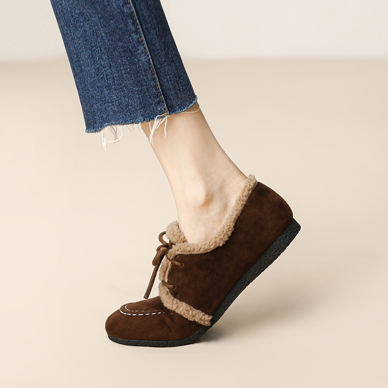 Diao'er 小暖炉~ 麂皮加绒系带勃肯鞋羊羔毛乐福鞋女平底毛毛棉鞋 - 图2