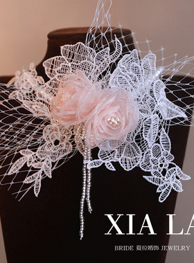 夏拉蕾丝纱花朵串珠女颈链项链